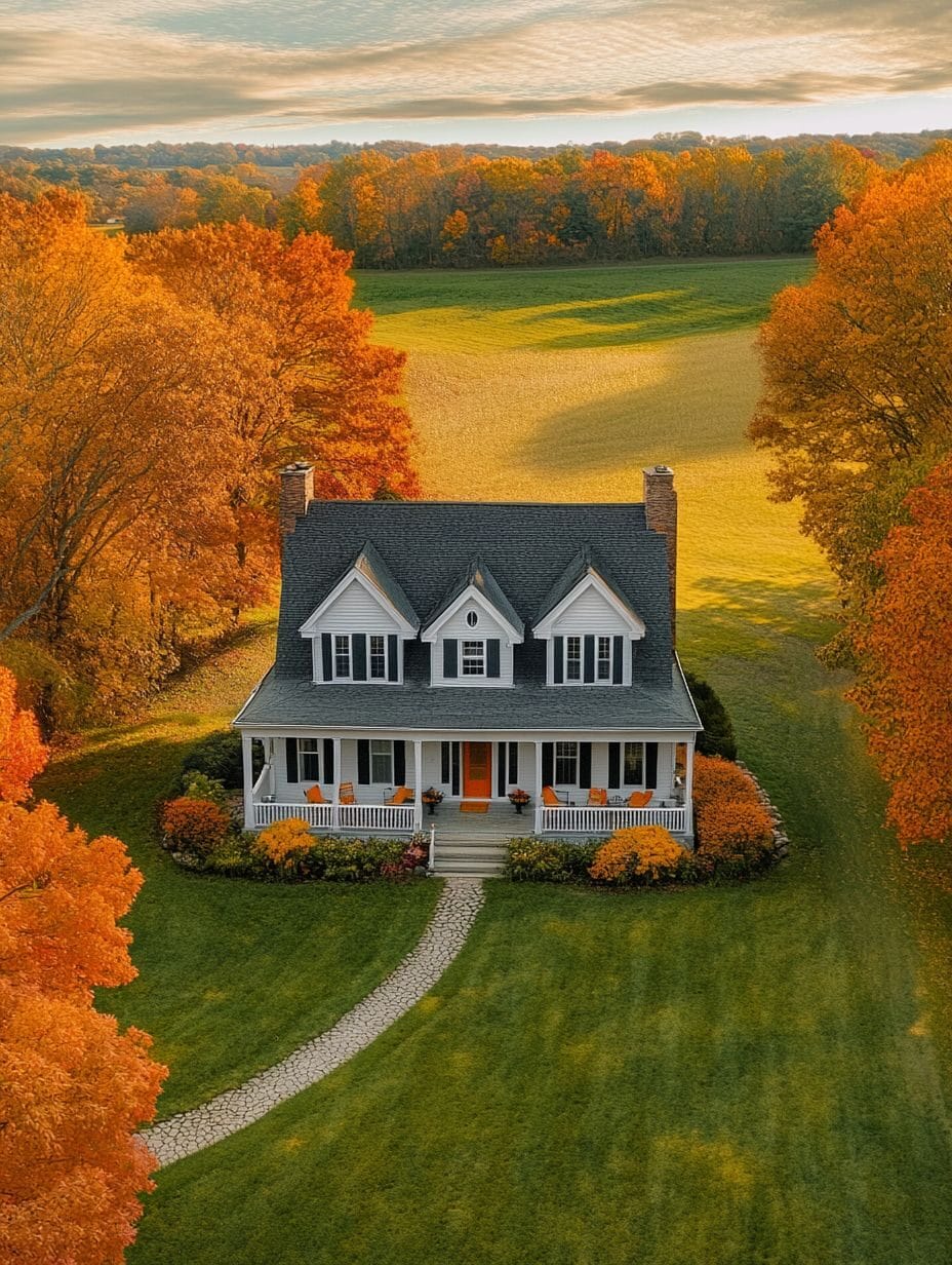 A white two-story house with a front porch sits among autumn trees and a large grassy lawn under a partly cloudy sky.
