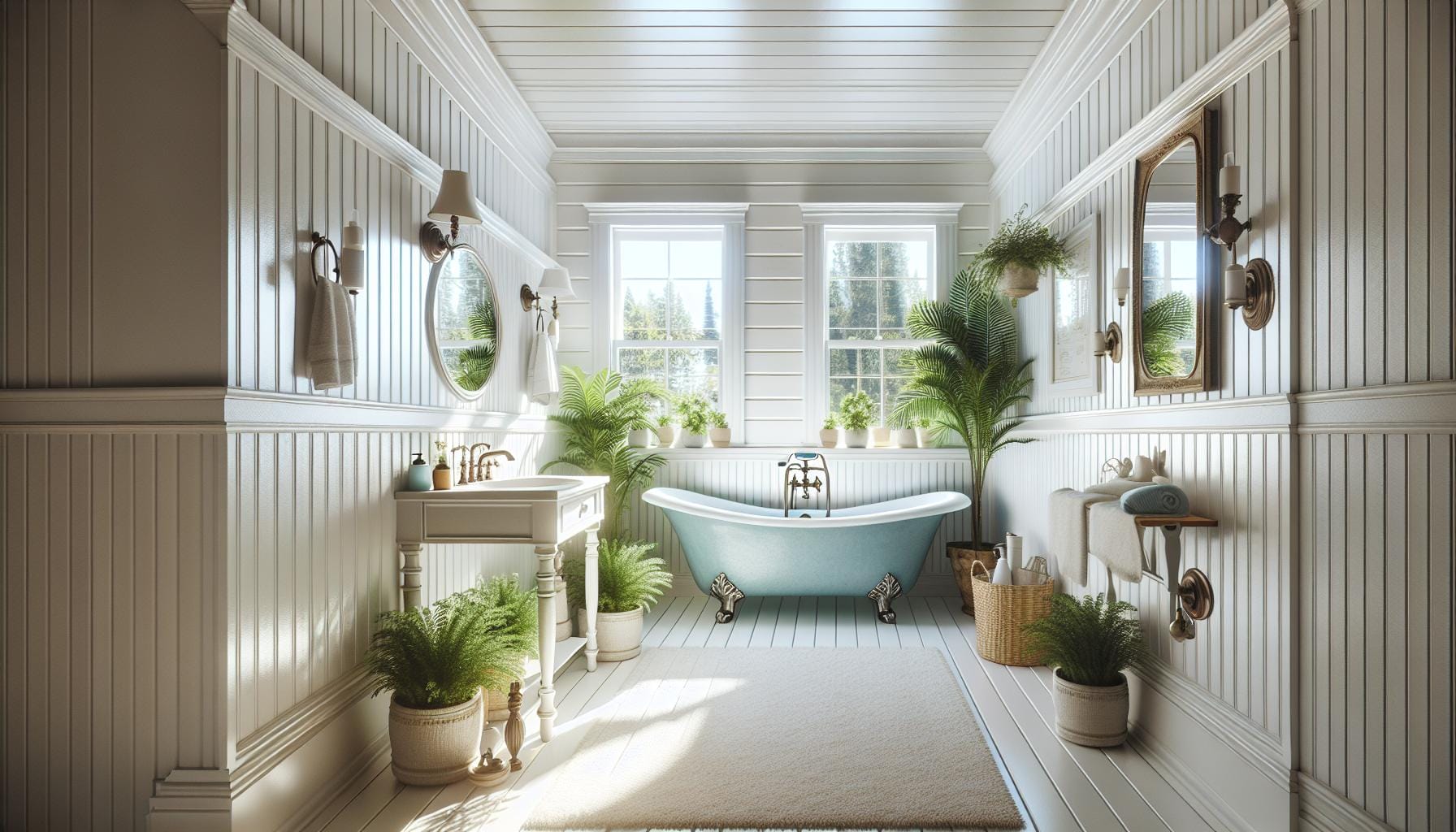A bright bathroom with white panel walls, large windows, a freestanding blue bathtub, double sinks, mirrors, and several potted plants.