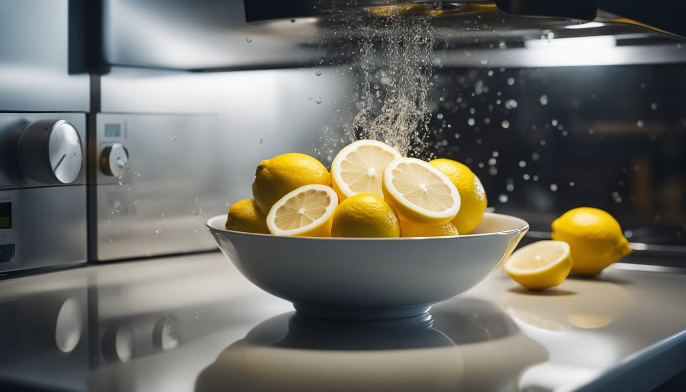 Steamy bowl inside microwave, lemon slices floating, timer set, condensation on walls