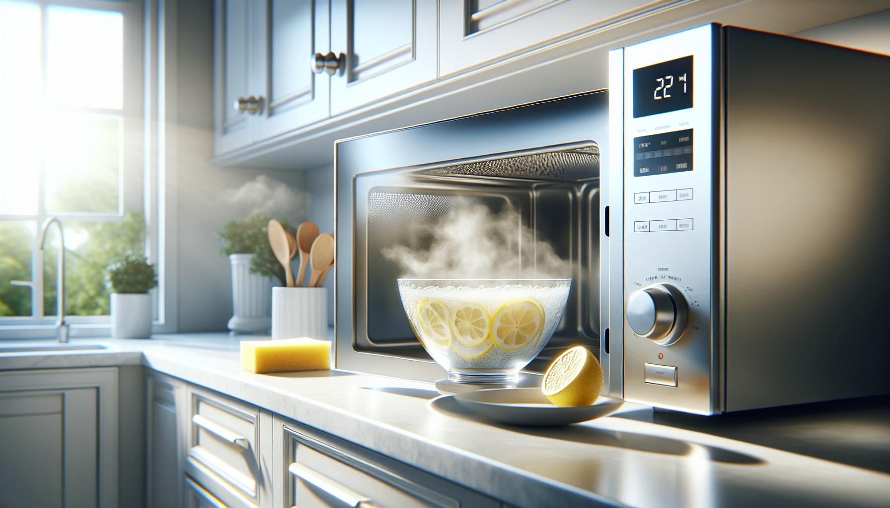 A bowl of water with lemon slices steams inside an open microwave on a kitchen countertop, with sunlight shining through a window.