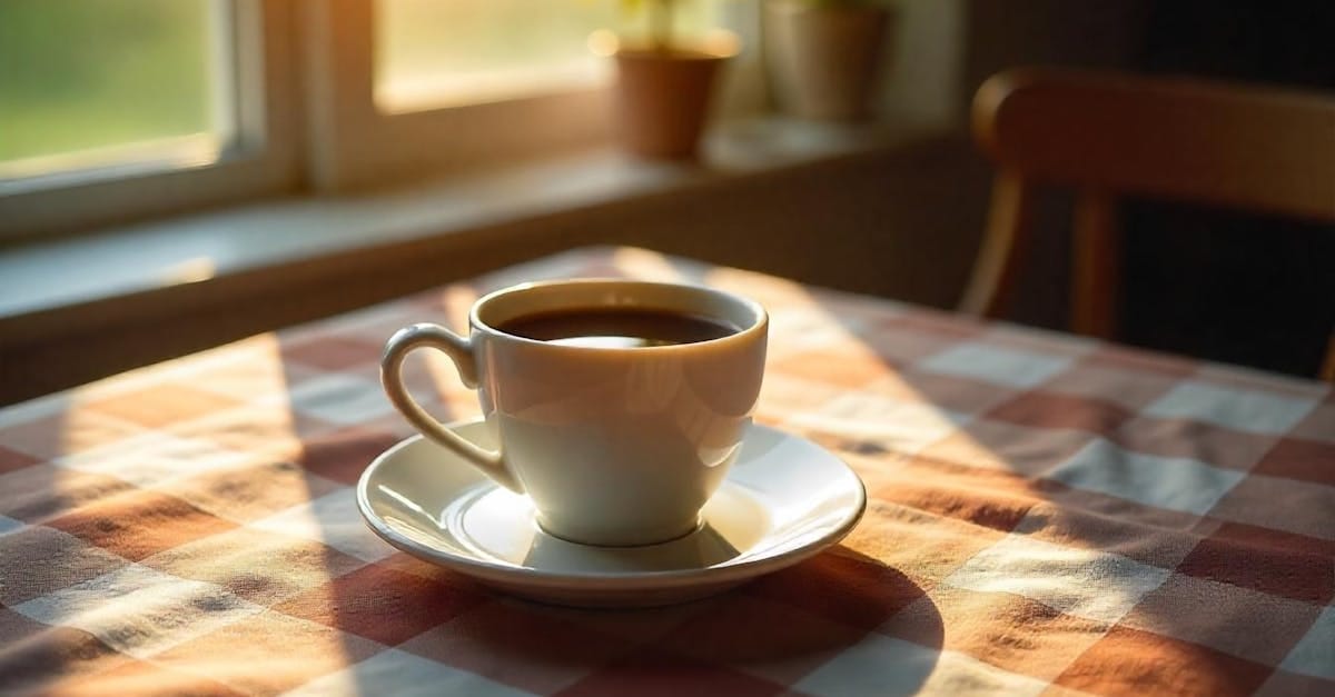 a cup of freshly brewed coffee on a checkered tablecloth bathed in sunlight