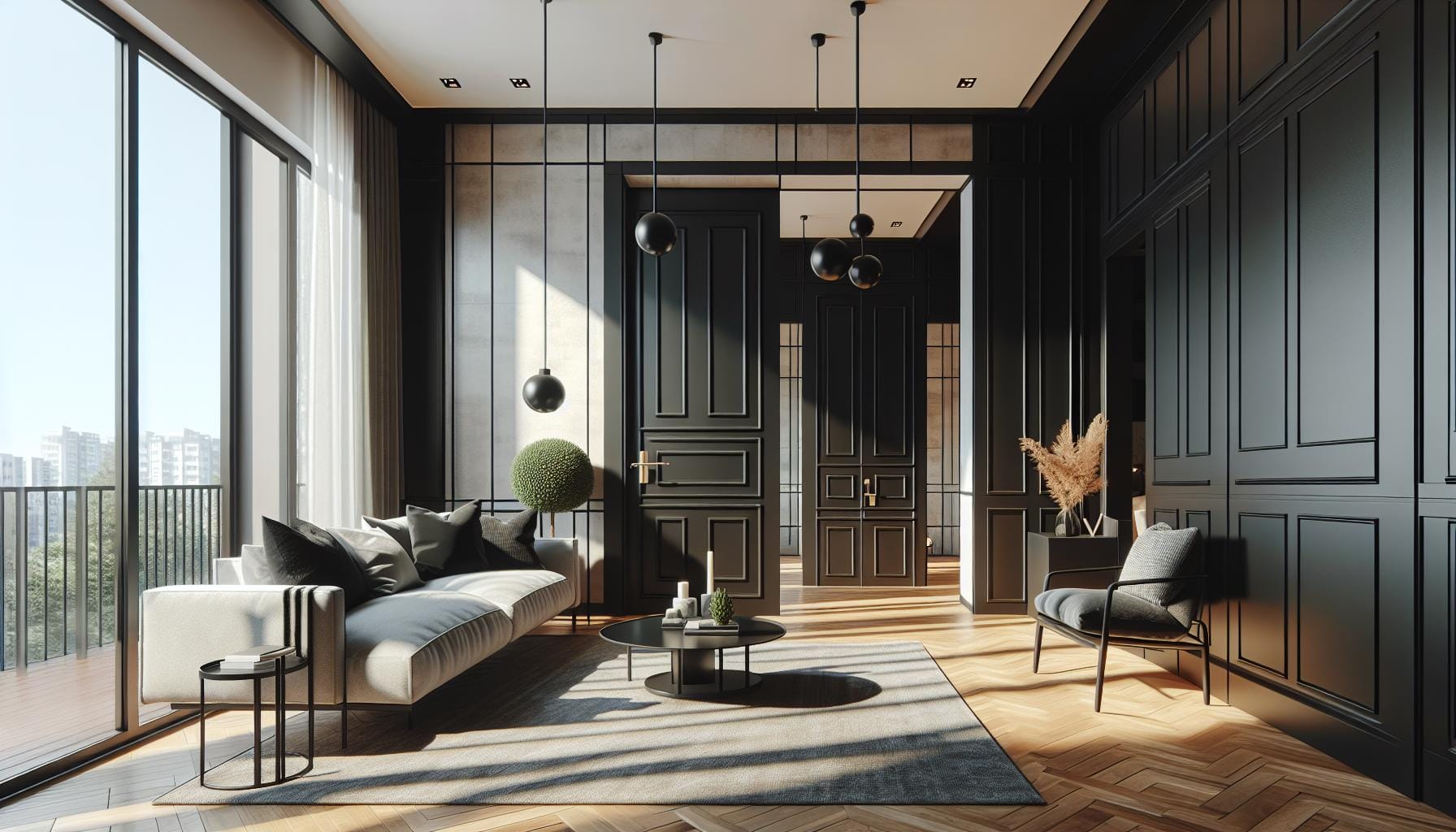 Modern living room with black paneled walls, large windows, light wood herringbone floor, a white sofa, round coffee table, and city view in the background.
