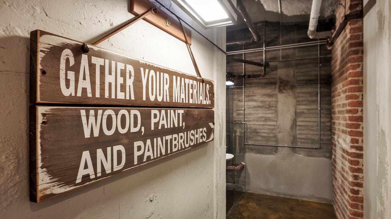A wooden sign on a concrete wall reads, “Gather your materials: wood, paint, and paintbrushes,” in a workshop or industrial space.