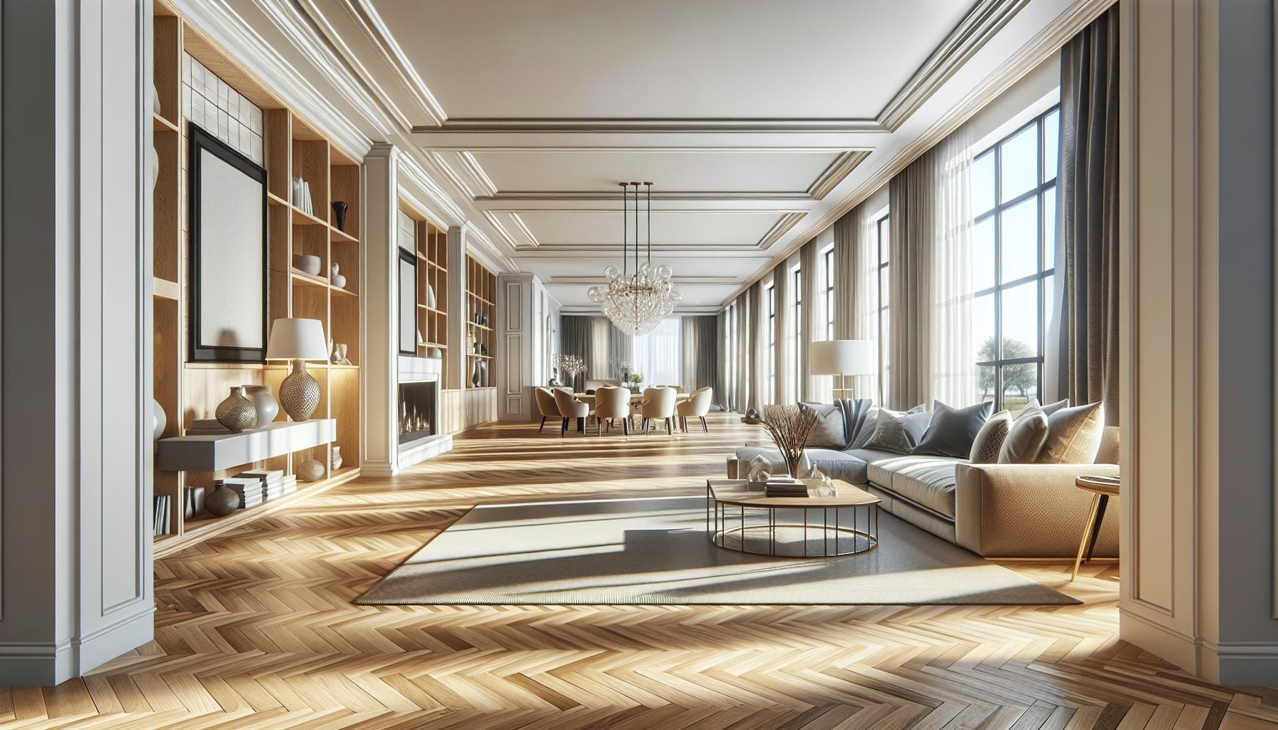 Spacious, sunlit living and dining room with large windows, herringbone wood floor, elegant furnishings, bookshelves, and a chandelier.