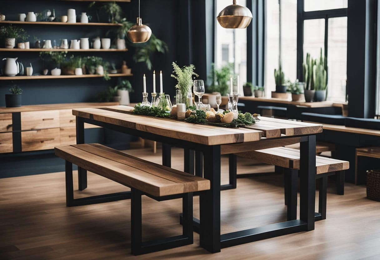 A dining table surrounded by five unique DIY benches, each showcasing creative designs and materials