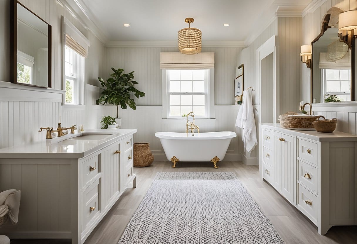 A bathroom with beadboard paneling on walls and ceiling, surrounding a bathtub, with shelves and cabinets adorned with beadboard accents