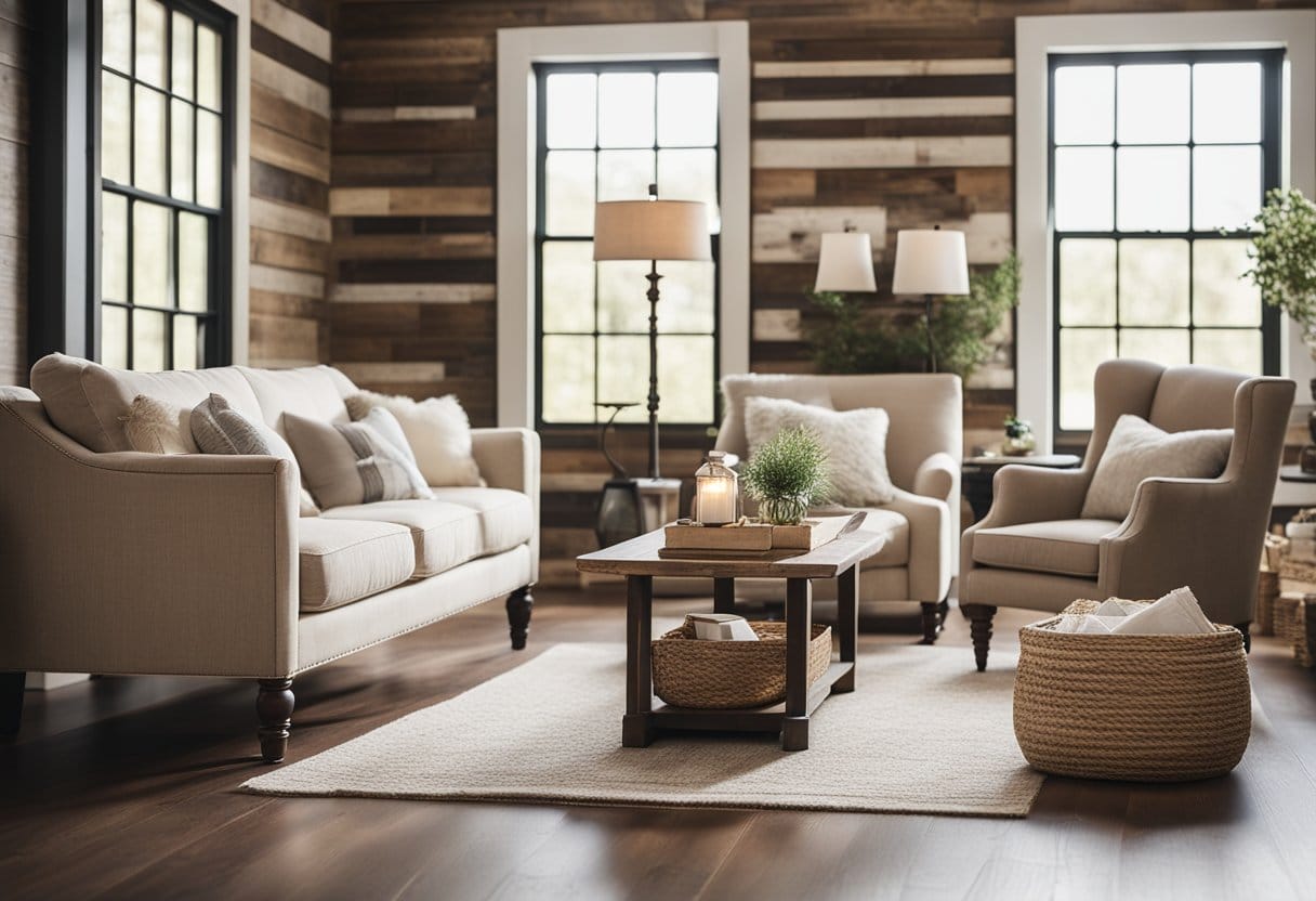A cozy farmhouse living room with distressed wood furniture, vintage decor, and soft, neutral colors. A shiplap accent wall adds rustic charm