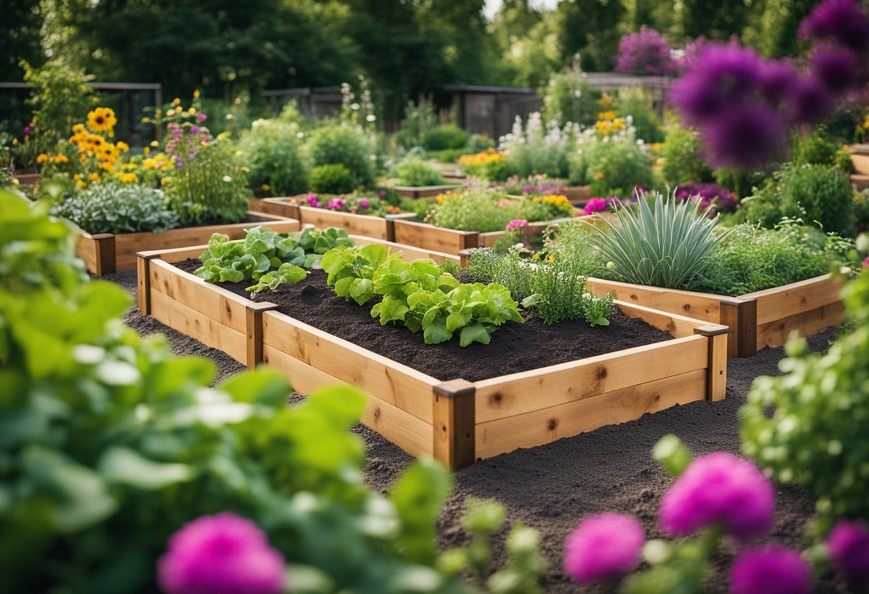 A variety of raised garden beds in different shapes and sizes, filled with vibrant flowers and lush greenery, arranged in a backyard setting