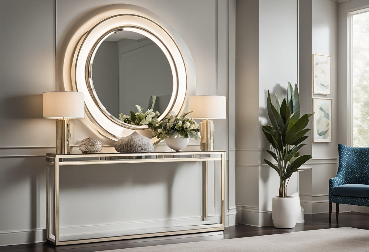 A bright, modern foyer with a sleek console table, mirror, and decorative accents. A fresh coat of paint and stylish lighting complete the look