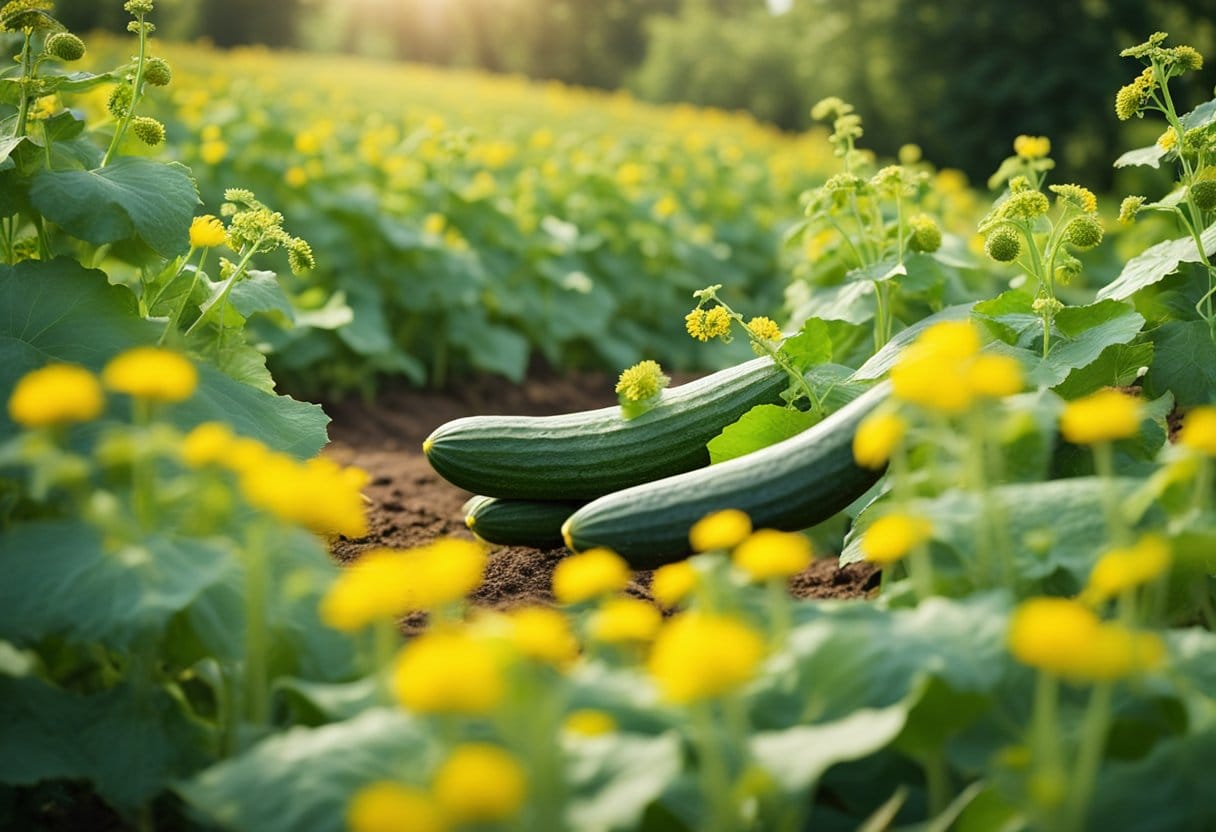 A lush garden with rows of tall, green cucumber plants, surrounded by rich soil and bathed in warm sunlight. Bees buzz around the bright yellow flowers, while plump cucumbers dangle from the vines