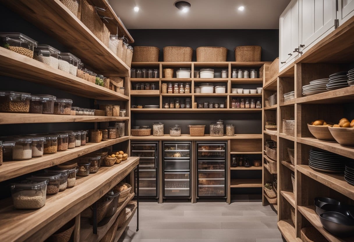 A spacious and stylish pantry in a barndominium with open shelving, organized storage containers, hanging racks, and a mix of rustic and modern decor