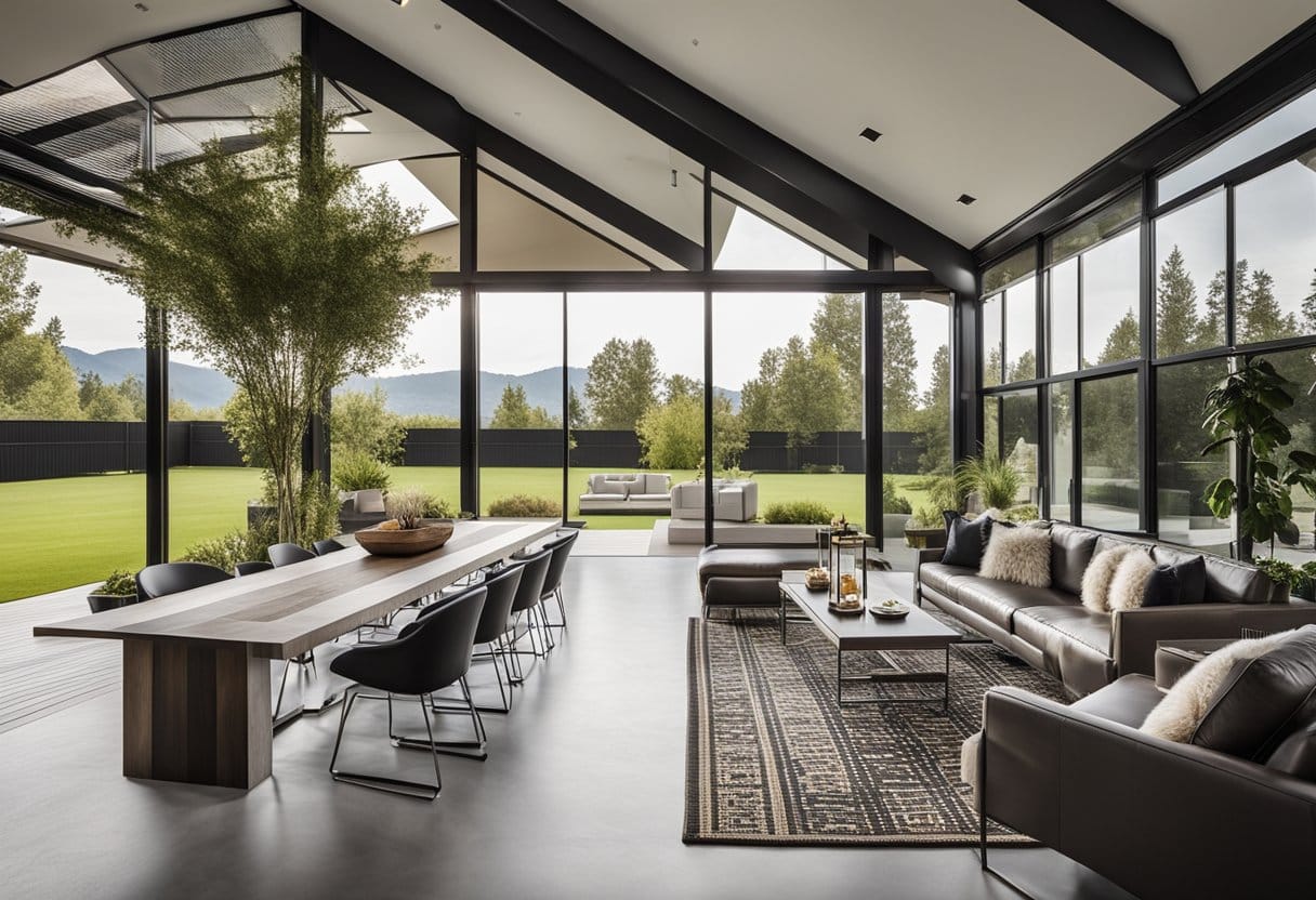 A modern barndominium with a sleek exterior, surrounded by lush landscaping and a spacious patio with stylish furniture. Inside, a luxurious interior with high-end finishes, open-concept living spaces, and elegant decor