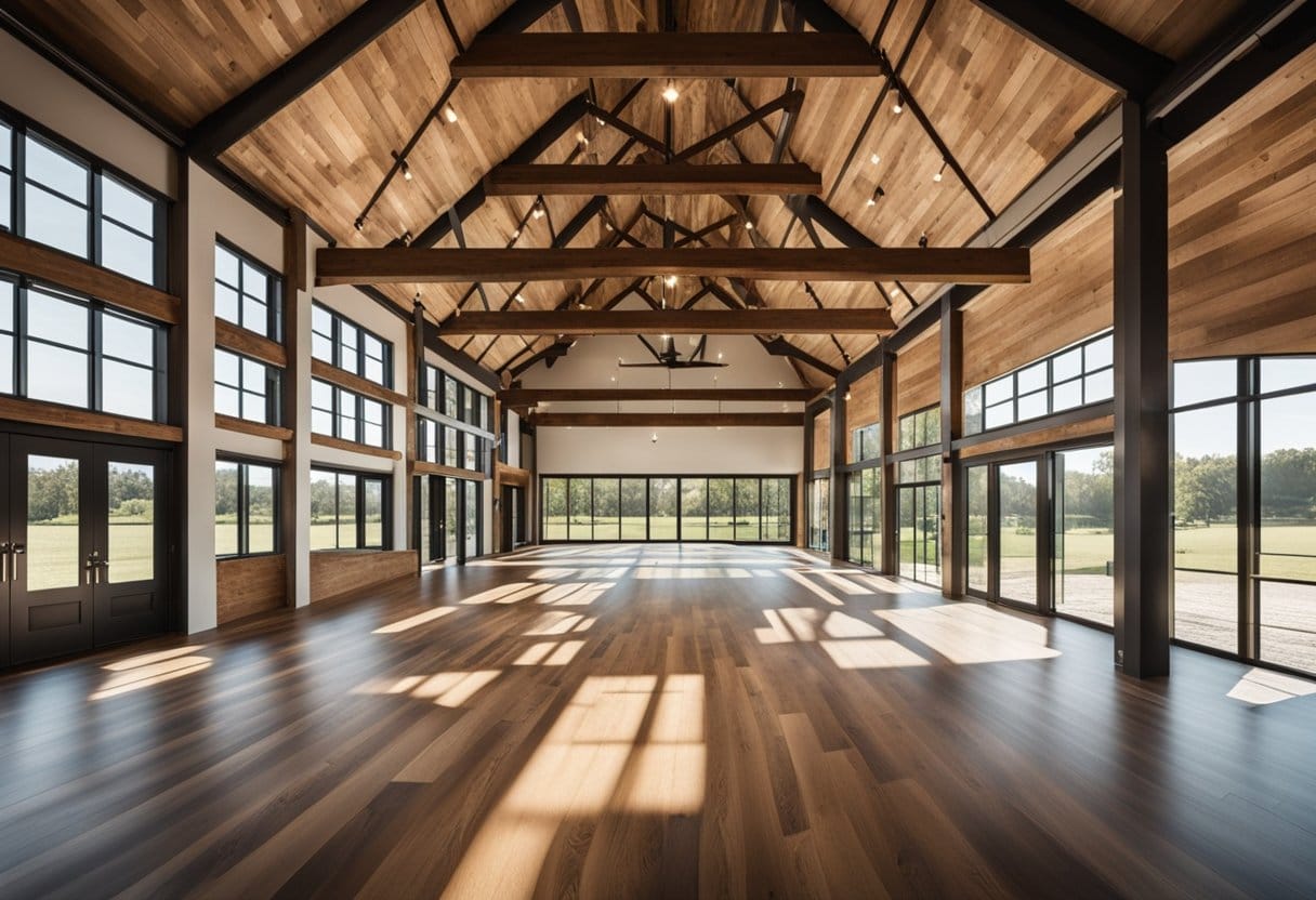 A spacious barndominium interior with exposed wooden beams, high ceilings, and natural light pouring in through large windows