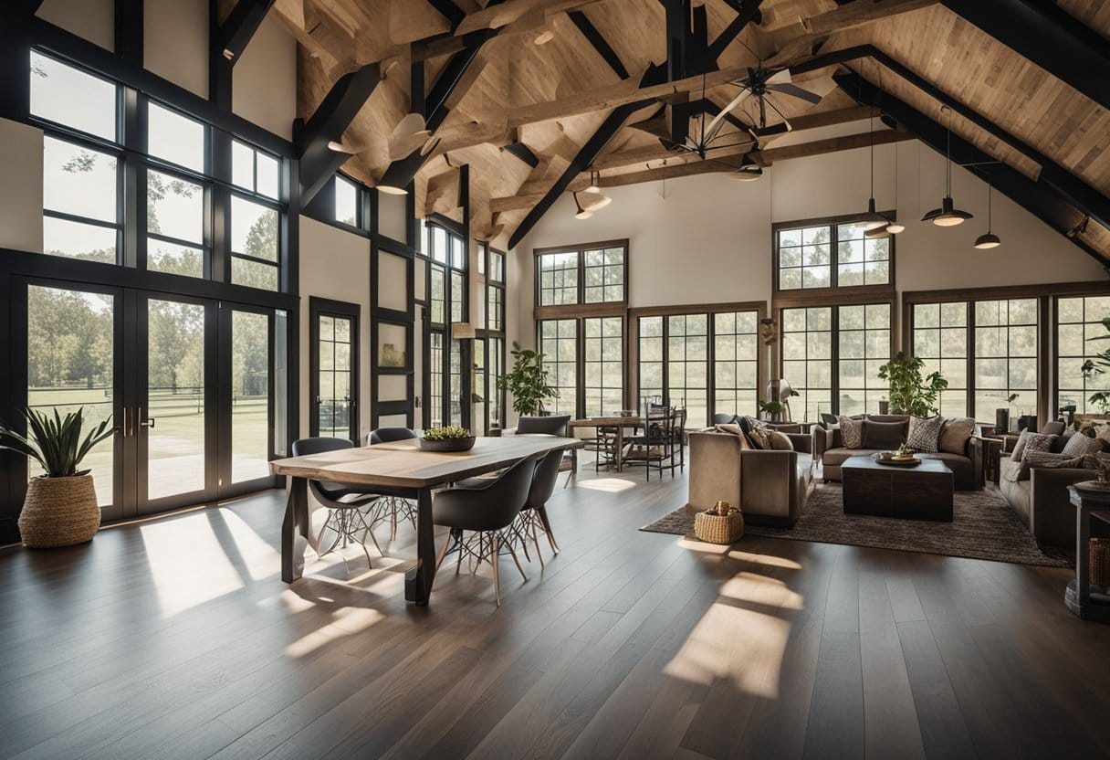 A sleek, open-concept barndominium with large windows, high ceilings, and a combination of modern and rustic elements