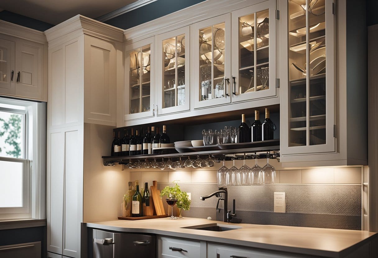 Stemware racks installed under kitchen cabinets, holding wine glasses and freeing up counter space