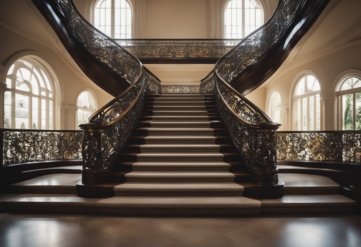 A grand staircase with ornate railings and decorative accents, bathed in natural light from a large window, leading to a luxurious upper level