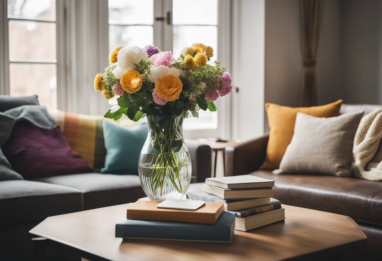 A cozy living room with a sofa, soft blankets, and colorful throw pillows. A coffee table with a stack of books and a vase of fresh flowers. Warm natural light streams in through the window