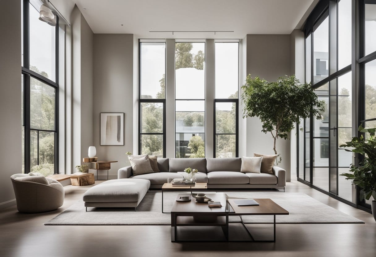 A sleek living room with clean lines, minimalistic furniture, and neutral color palette. Large windows let in natural light, and modern artwork adorns the walls