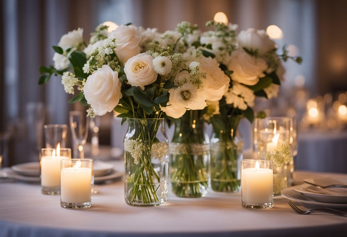 Lush, lifelike floral arrangements in elegant vases, set atop a pristine white tablecloth, surrounded by soft candlelight and delicate glassware