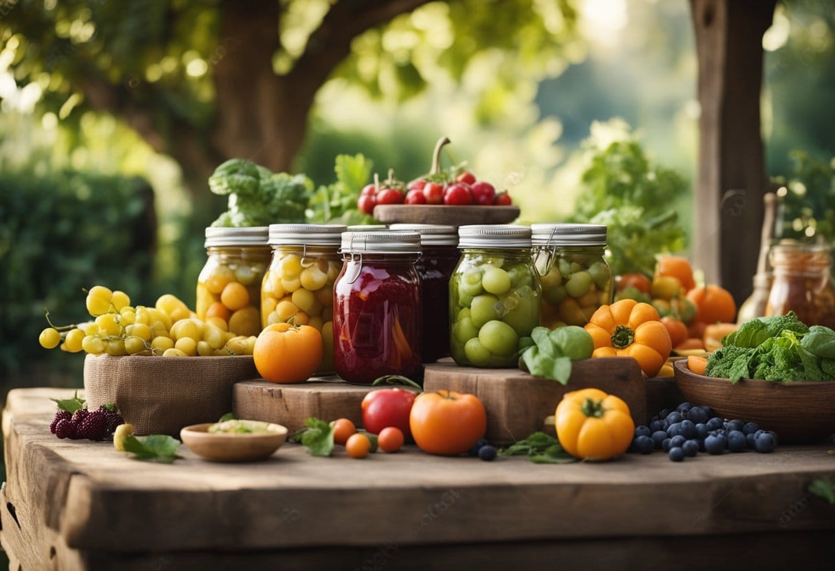 A colorful garden with ripe vegetables and fruits, a rustic farmhouse, and a table filled with jars of homemade preserves and family-friendly recipes