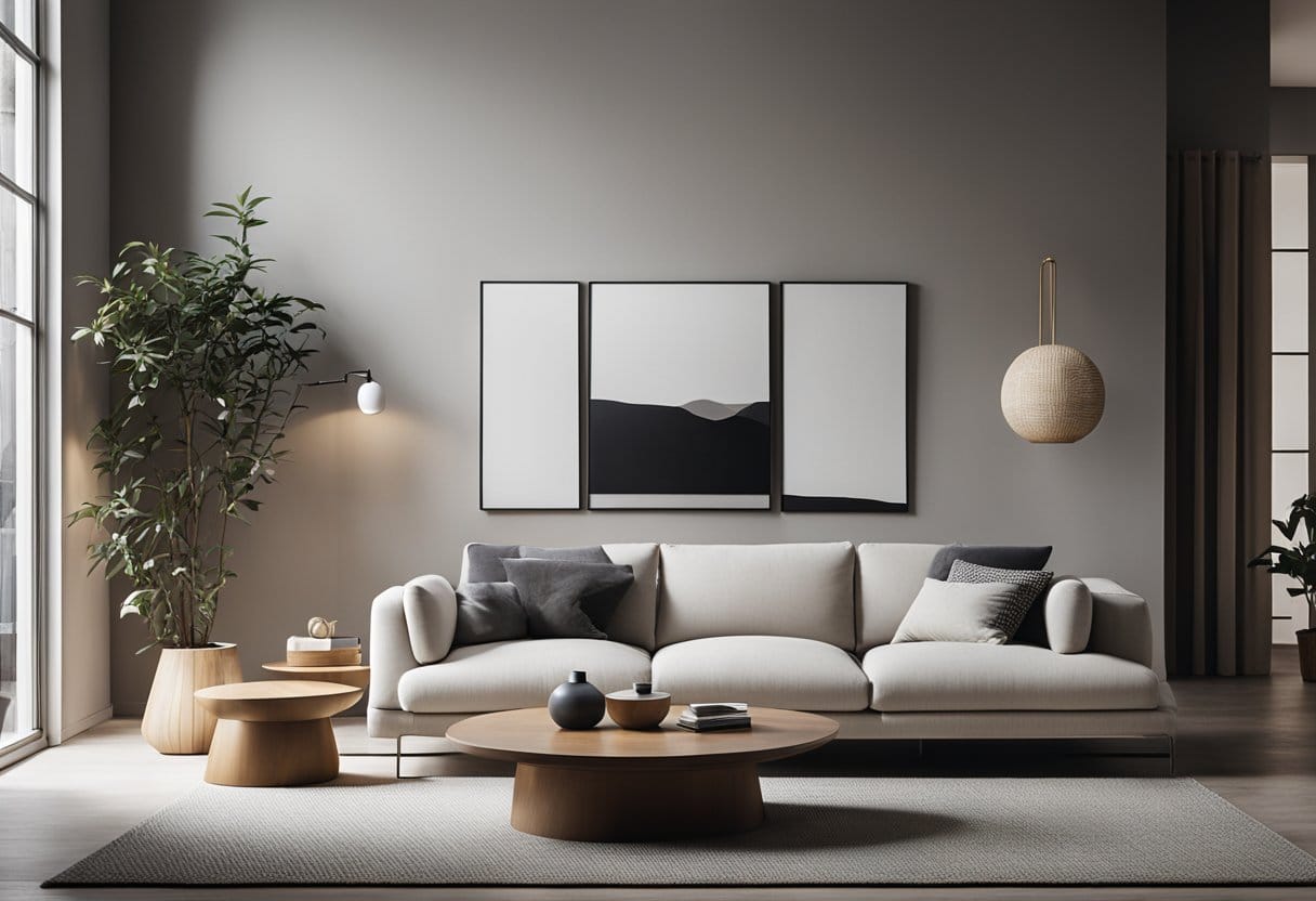 A minimalist living room with sleek, sculptural furniture pieces arranged in a harmonious and artistic composition