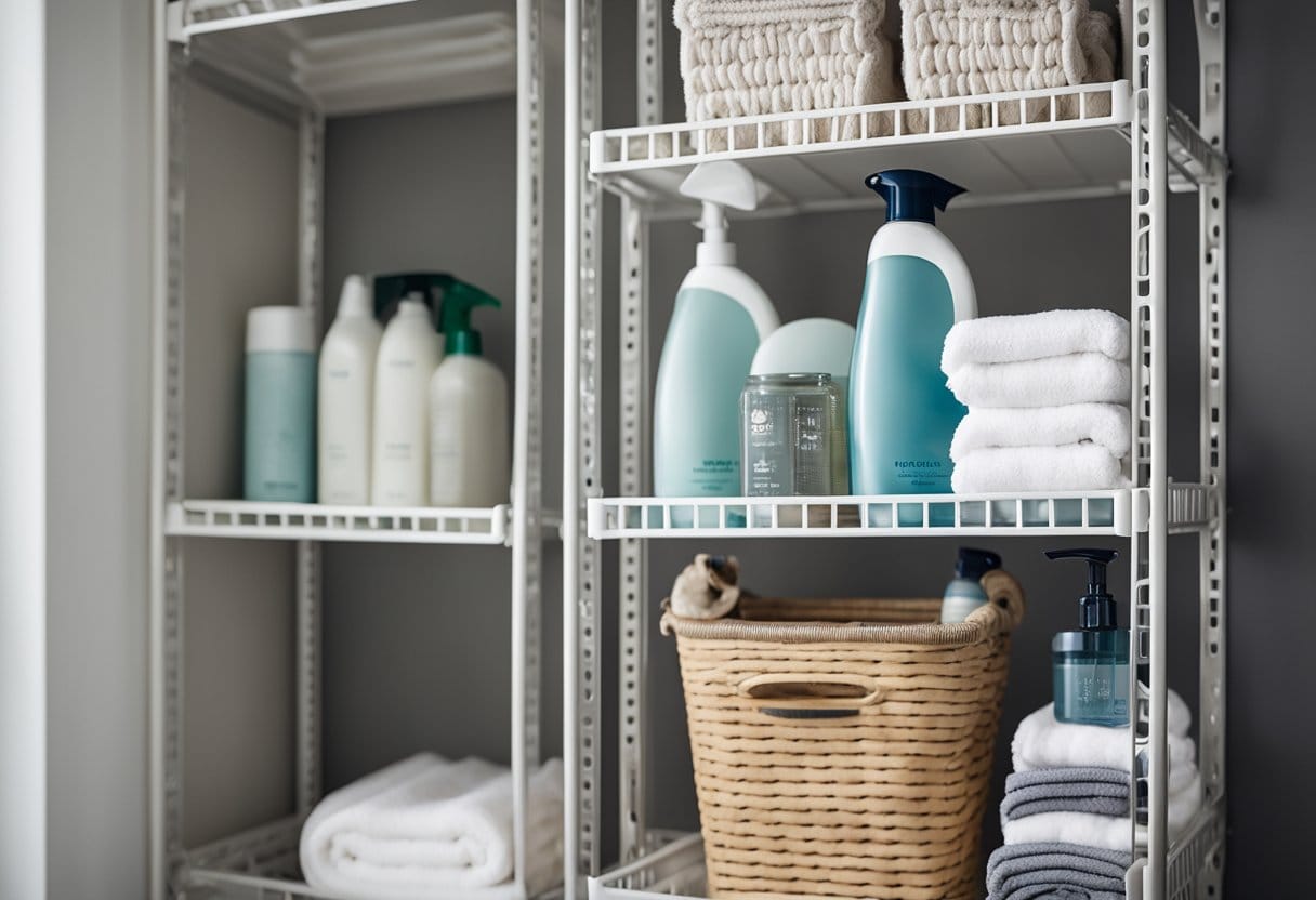 A tidy bathroom with labeled storage bins, hanging organizers, and neatly folded towels on a shelf. A shower caddy holds neatly arranged toiletries