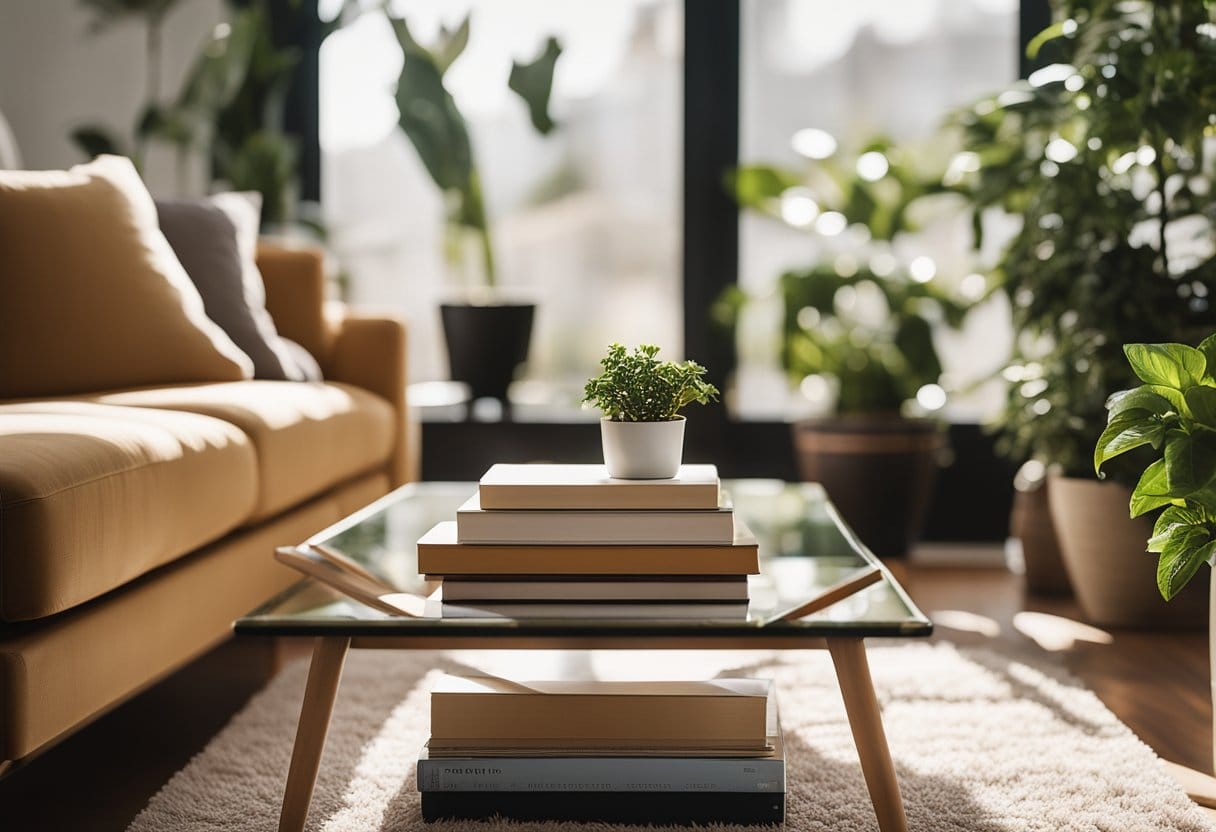 A cozy living room with a sunlit window, a plush rug, potted plants, and a stack of books on a sleek coffee table