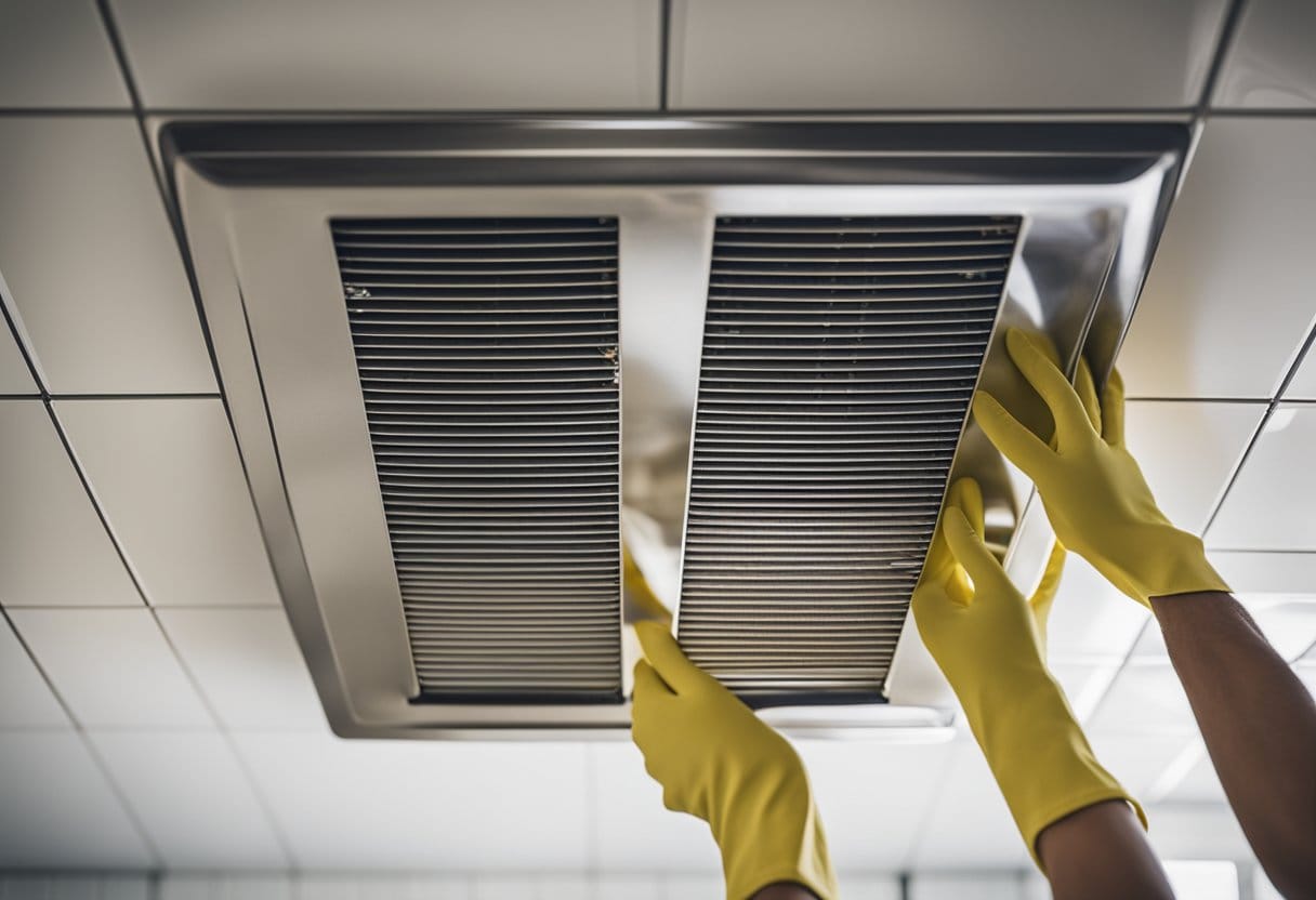A person removes and cleans the greasy filter from the kitchen exhaust fan, wipes down the fan blades, and replaces the filter