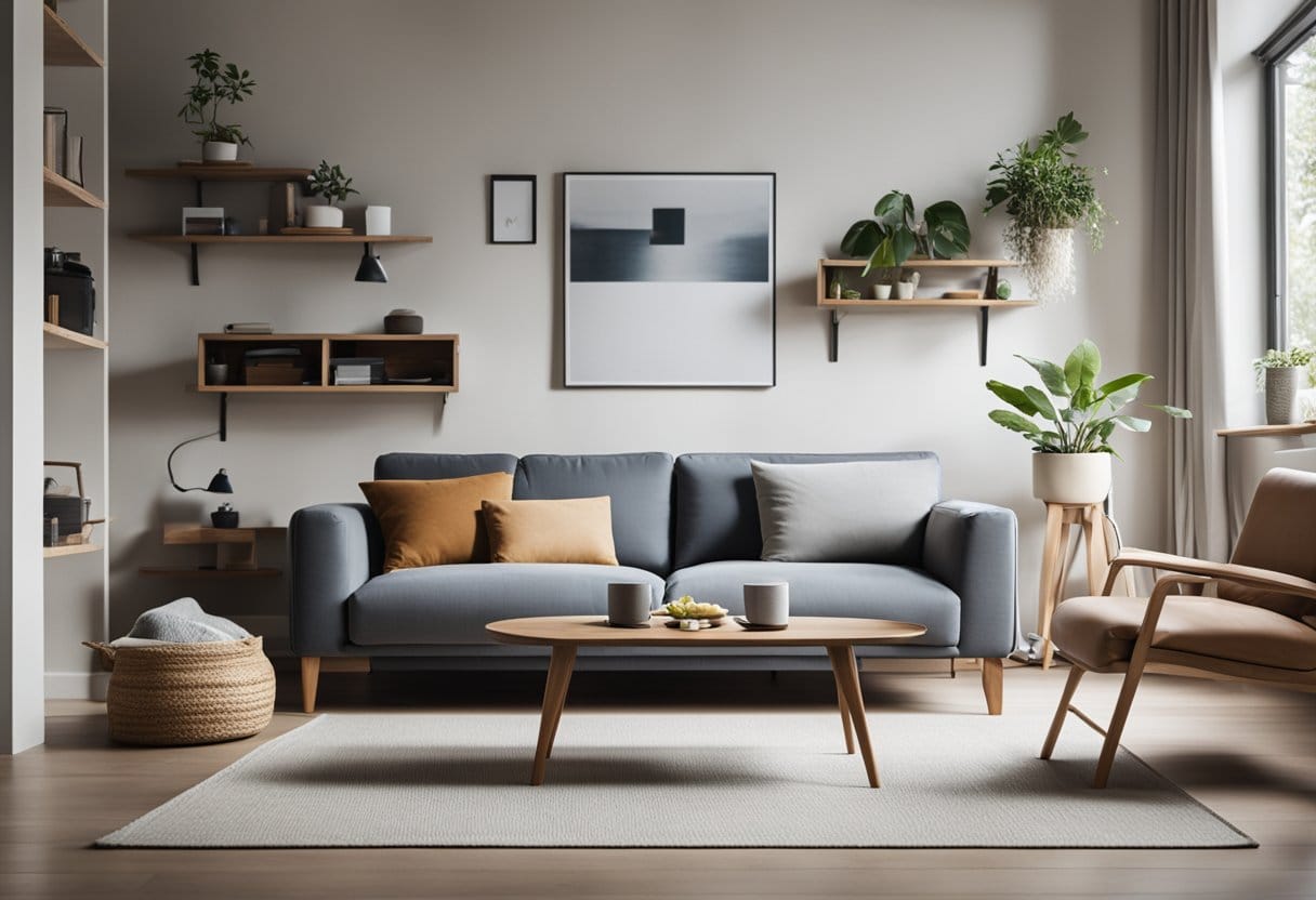 A tidy, minimalist living room with neatly arranged furniture, uncluttered surfaces, and storage bins for organization