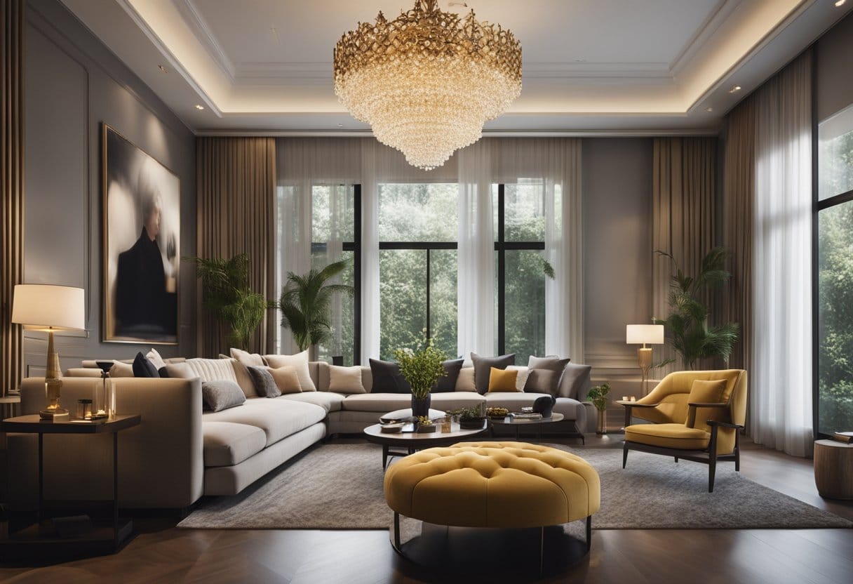 A spacious living room with elegant, modern furniture including a plush sofa, sleek coffee table, and designer accent chairs. A large, ornate chandelier hangs from the ceiling, casting a warm glow over the room