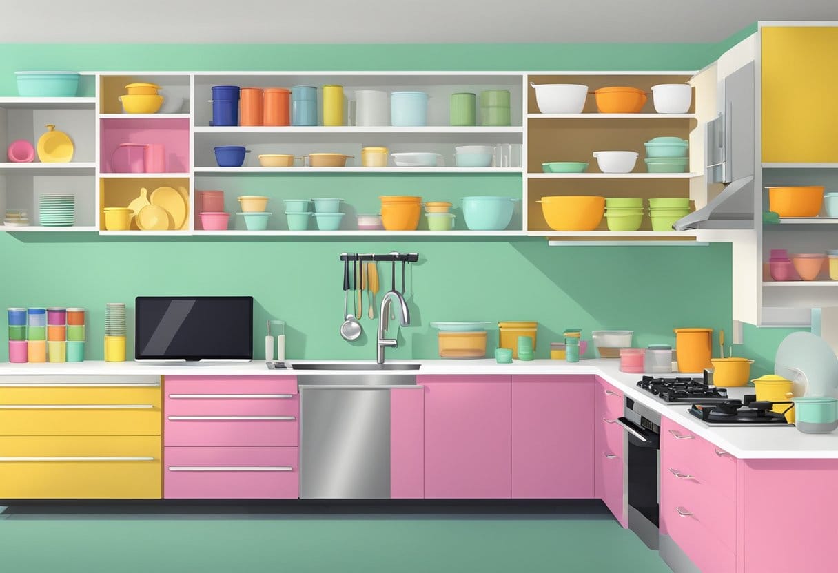 Kitchen cabinets being painted in bright colors, new handles and knobs being installed, and organized shelves with labeled containers