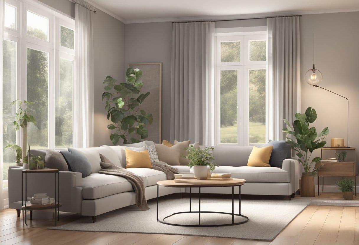 A cozy living room with neutral greige walls, soft lighting, and stylish furniture creating a warm and inviting atmosphere