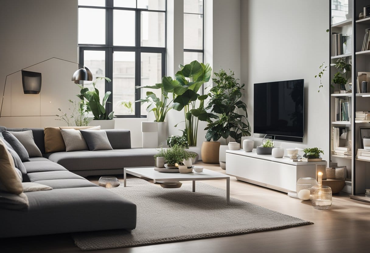 An airy, modern living room with sleek aluminum furniture, clean lines, and eco-friendly accents like potted plants and recycled materials