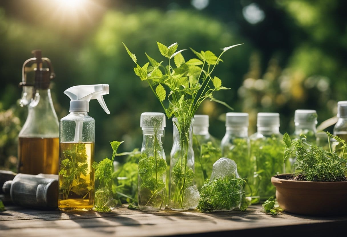 A garden with various types of weeds, some with wilted leaves, surrounded by bottles of vinegar and a spray bottle