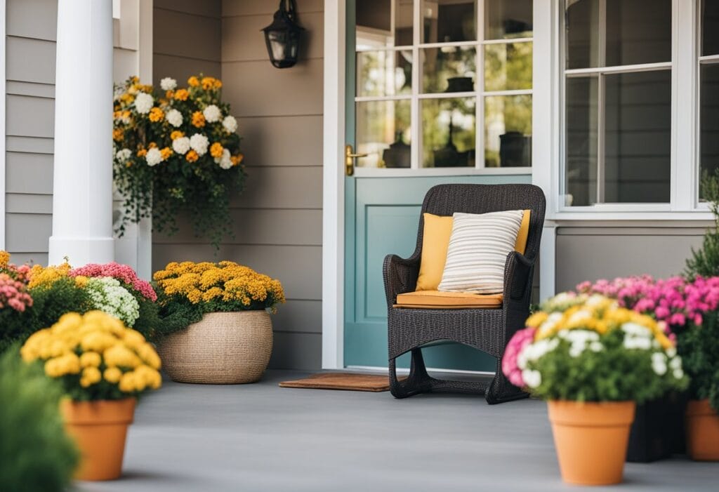 A front porch adorned with potted flowers, colorful wreaths, and a cozy seating area with bright cushions and a small table. A string of twinkling lights adds a warm glow to the space