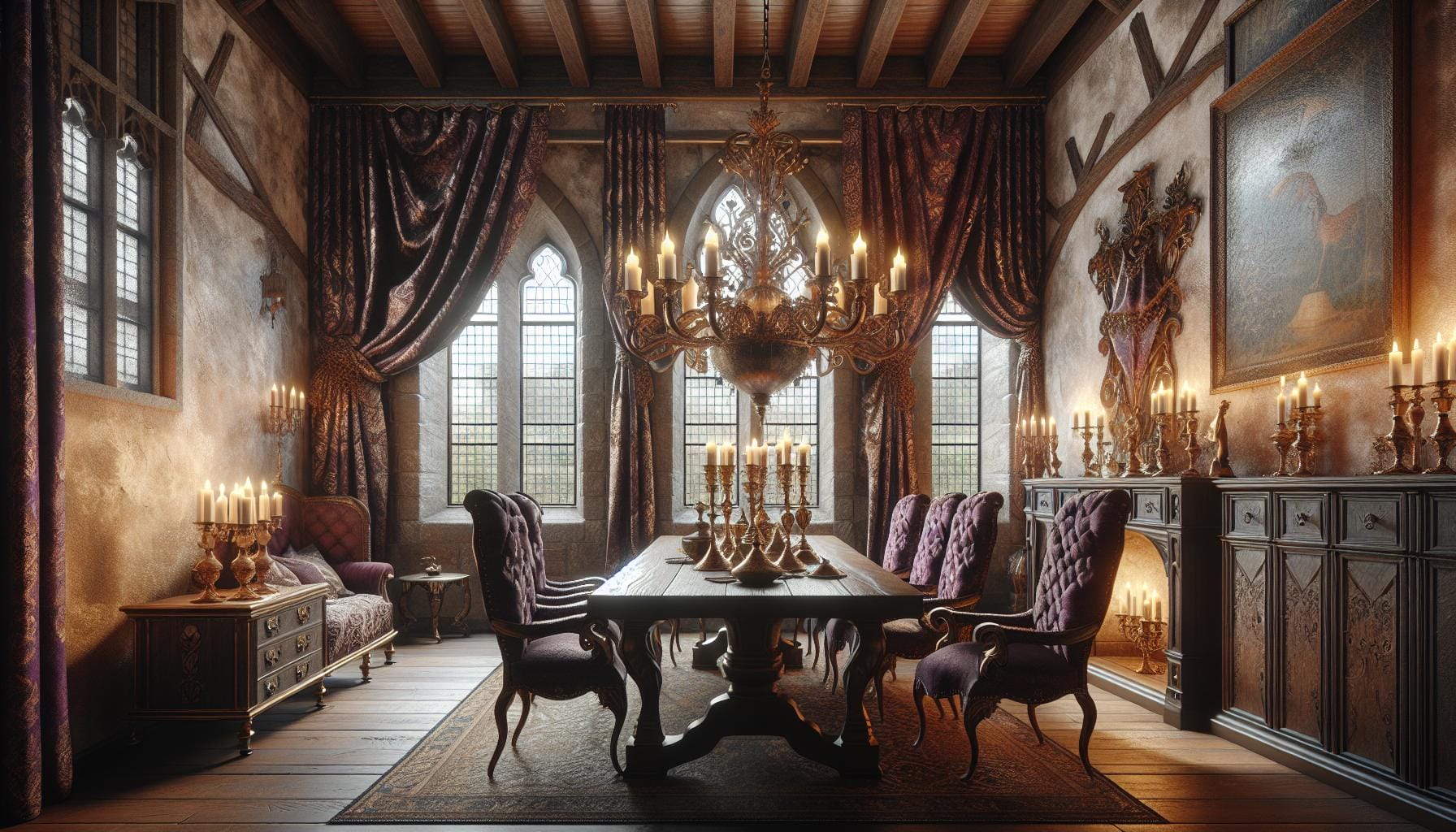 A grand medieval dining room featuring a long wooden table, ornate chairs, chandeliers, candelabras, tall windows with drapes, and a lit fireplace.