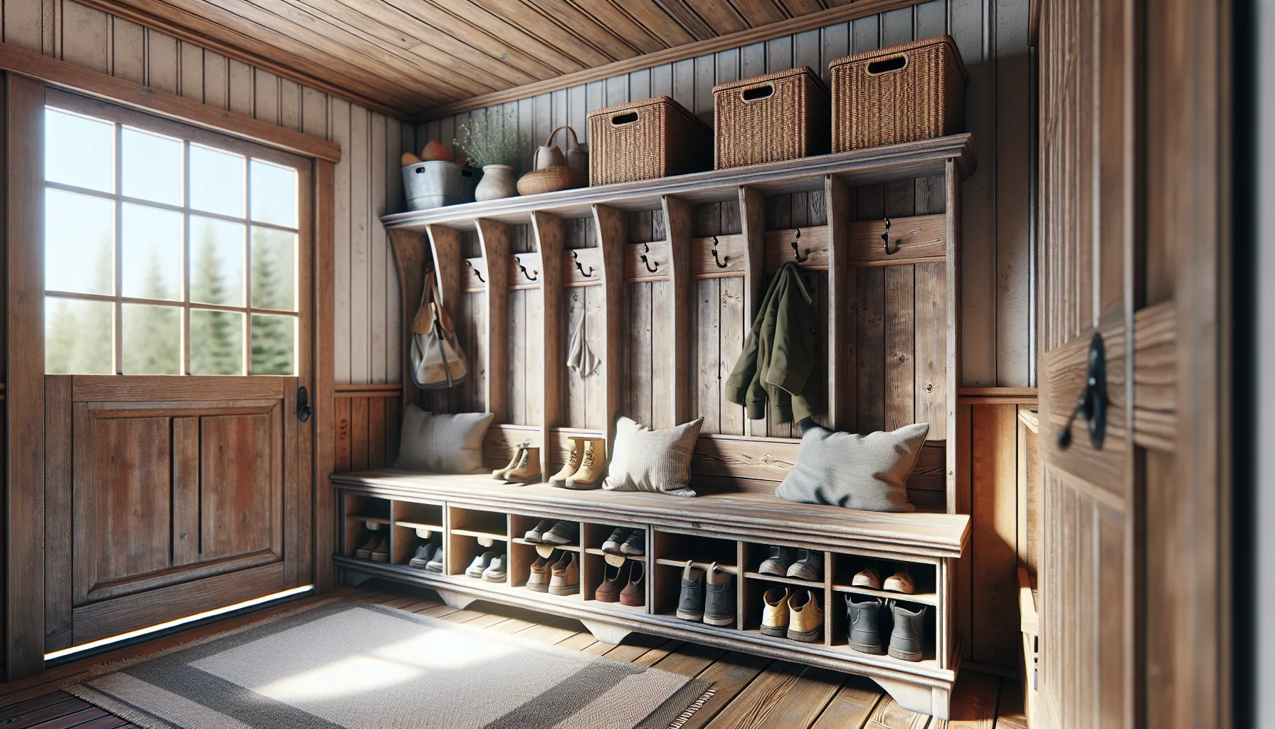Wooden mudroom entryway with cubbies for shoes, hooks holding coats and bags, upper storage baskets, decorative pillows, and a windowed door letting in sunlight.