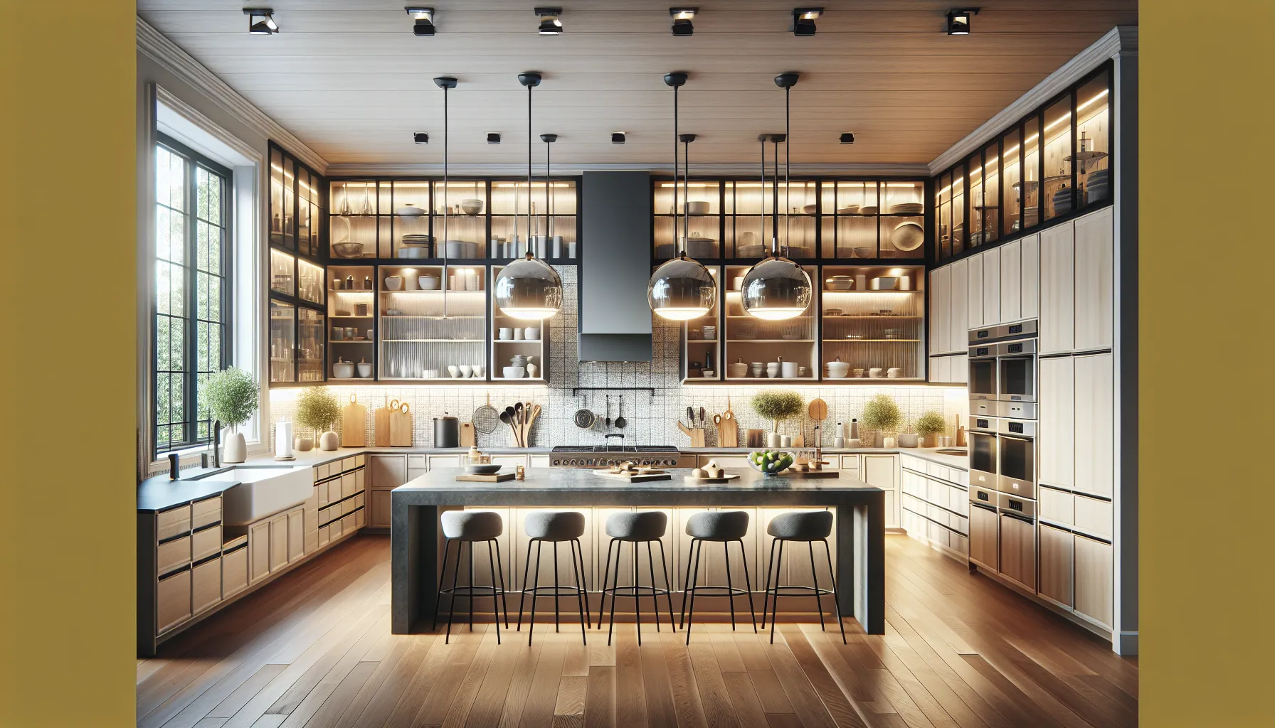 Modern kitchen with wood flooring, large island with barstools, pendant lights, open shelving, stainless steel appliances, and large window providing natural light.