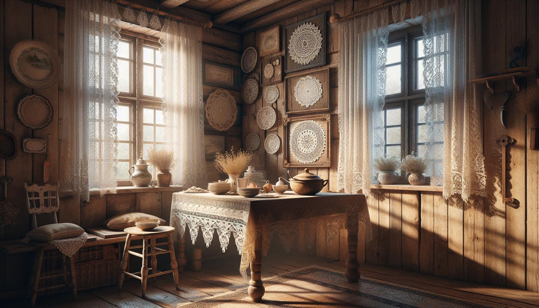 Cozy rustic kitchen with wooden walls, lace curtains, a table with a lace cloth, pottery, and decorative plates and doilies displayed on the walls in soft natural light.