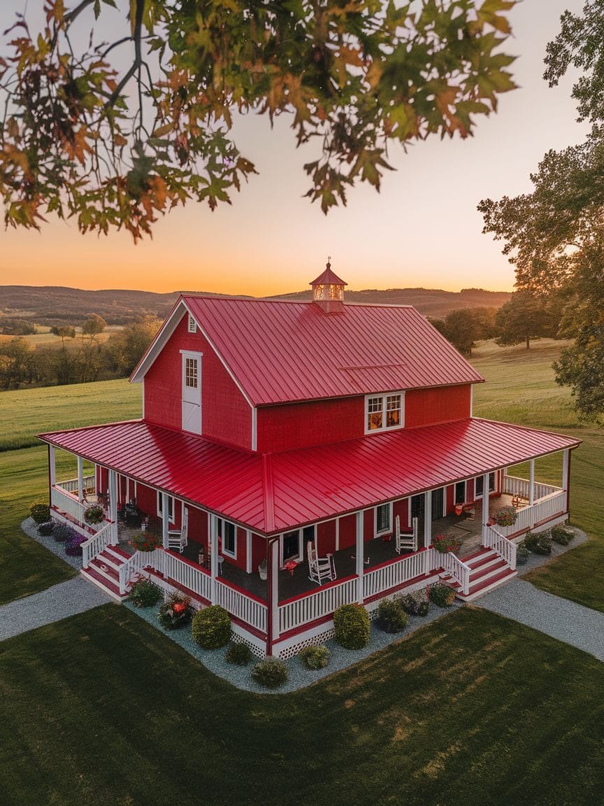 A red barn-style house with a wraparound porch sits on a neatly manicured lawn at sunset, surrounded by open fields and trees.