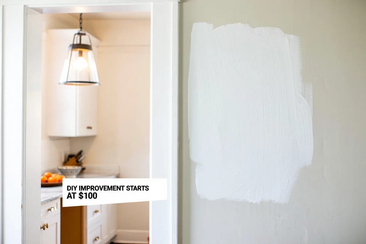 A partially painted white wall next to a doorway with a view of a kitchen; text overlay reads "DIY improvement starts at $100.