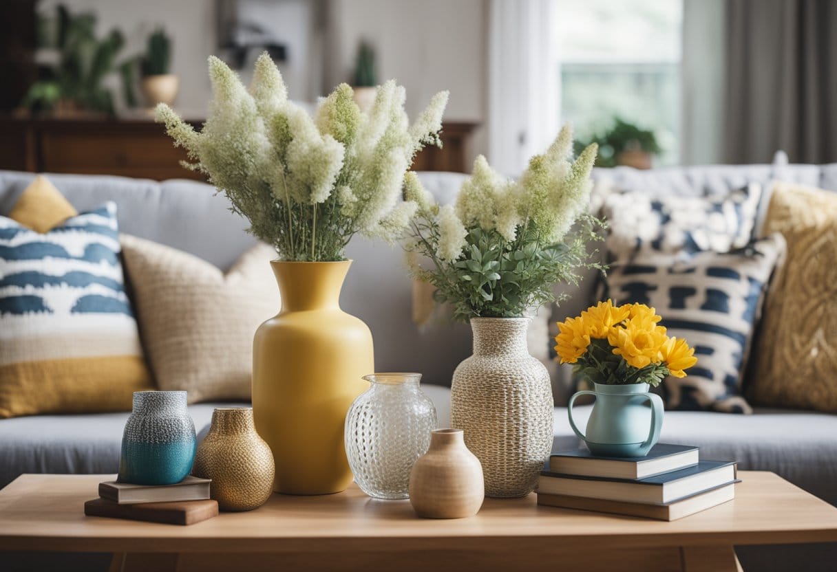 A cozy living room with handmade decor items crafted from dollar store finds, including painted vases, framed artwork, and decorative pillows