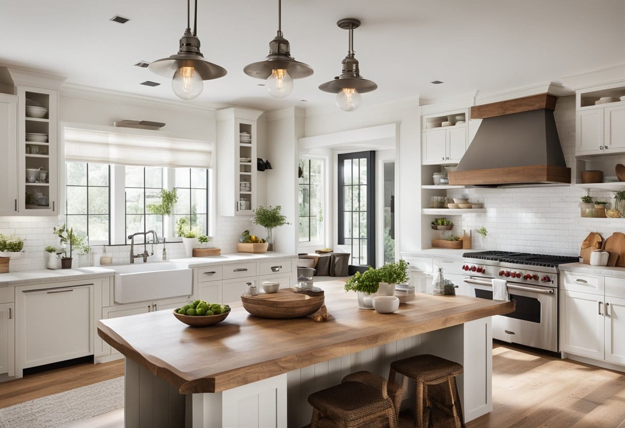 A bright, airy farmhouse kitchen with white shaker cabinets, subway tile backsplash, and a large farmhouse sink. Stainless steel appliances and a rustic wooden island complete the modern yet cozy look