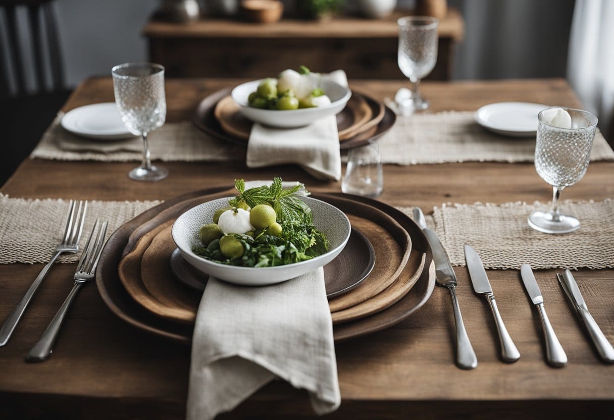 A rustic farmhouse table with a wooden top and metal legs, adorned with linen napkins and placemats