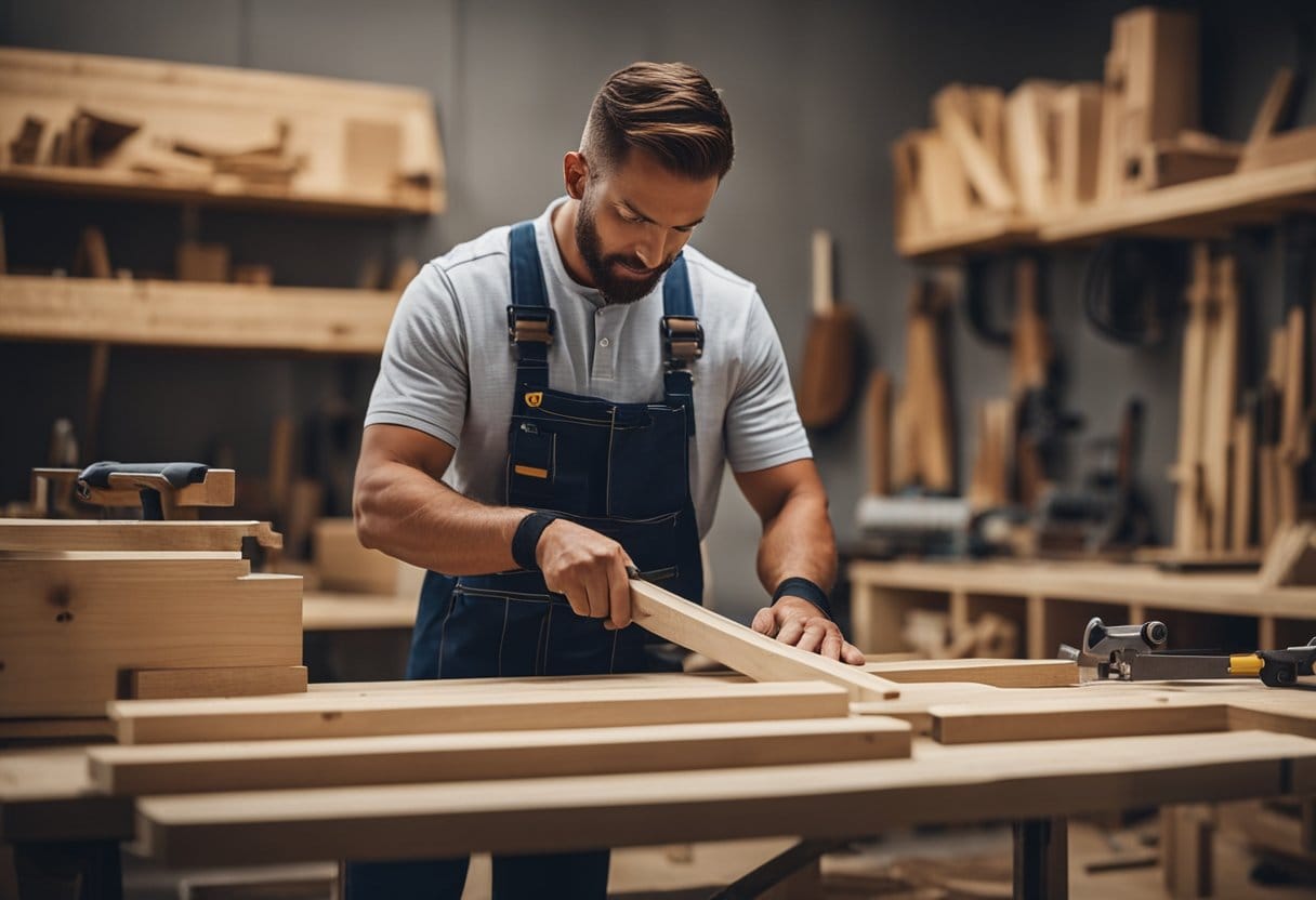A carpenter measures and cuts wood, as tools and materials lay out on a workbench, ready to assemble floating shelves or a storage bench