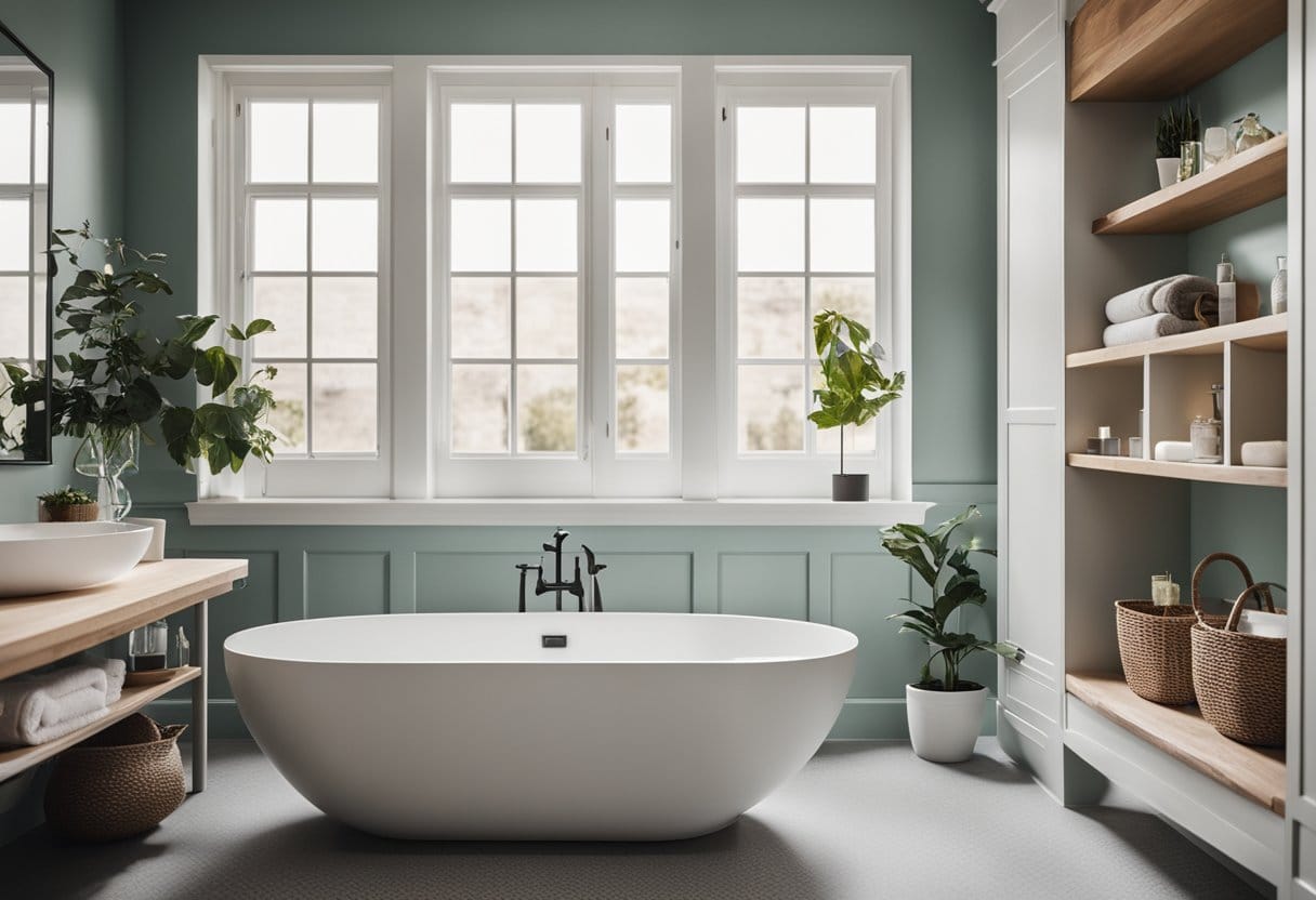 A bathroom with freshly painted walls, new hardware, and decorative shelves