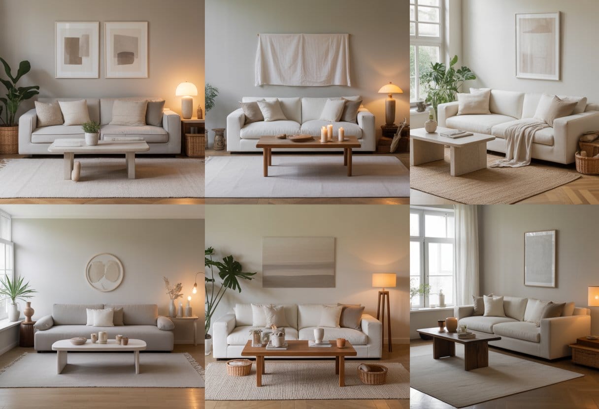 A bright living room with multiple seating areas, soft cushions, plants, and natural light coming through large windows.