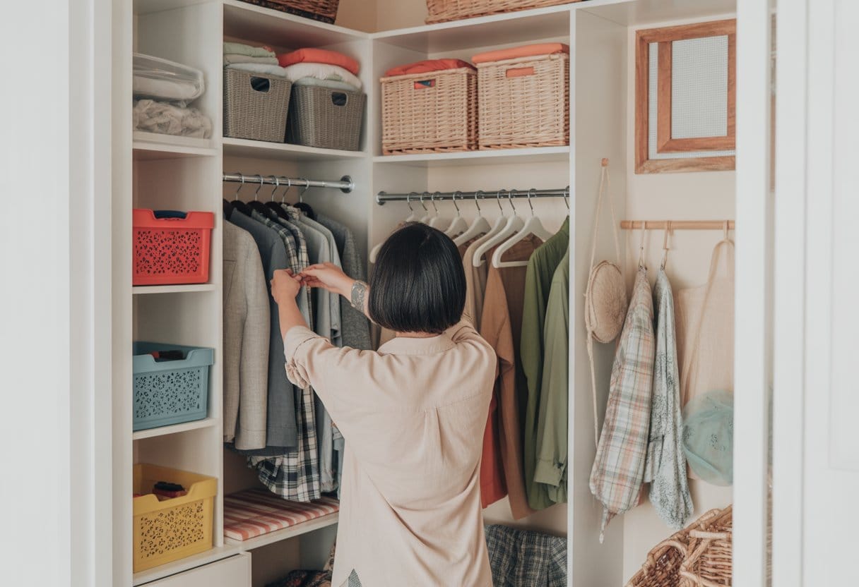A small closet with shelves, storage bins, and a person organizing clothes and items.