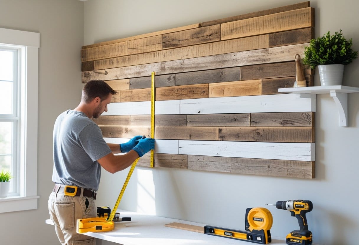 Person installing wooden planks on a wall in a bright room with tools nearby.