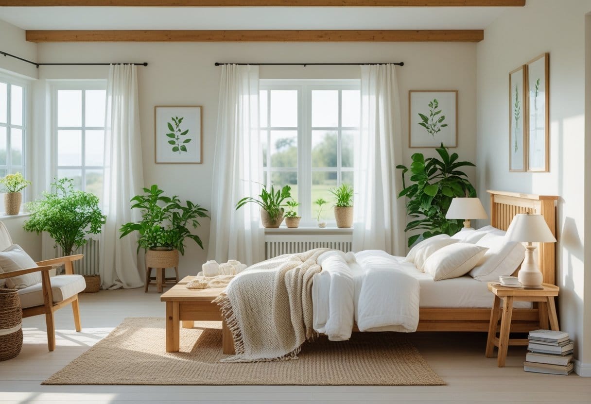 A bright farmhouse bedroom with a wooden bed, white linens, green plants, and natural light coming through large windows.